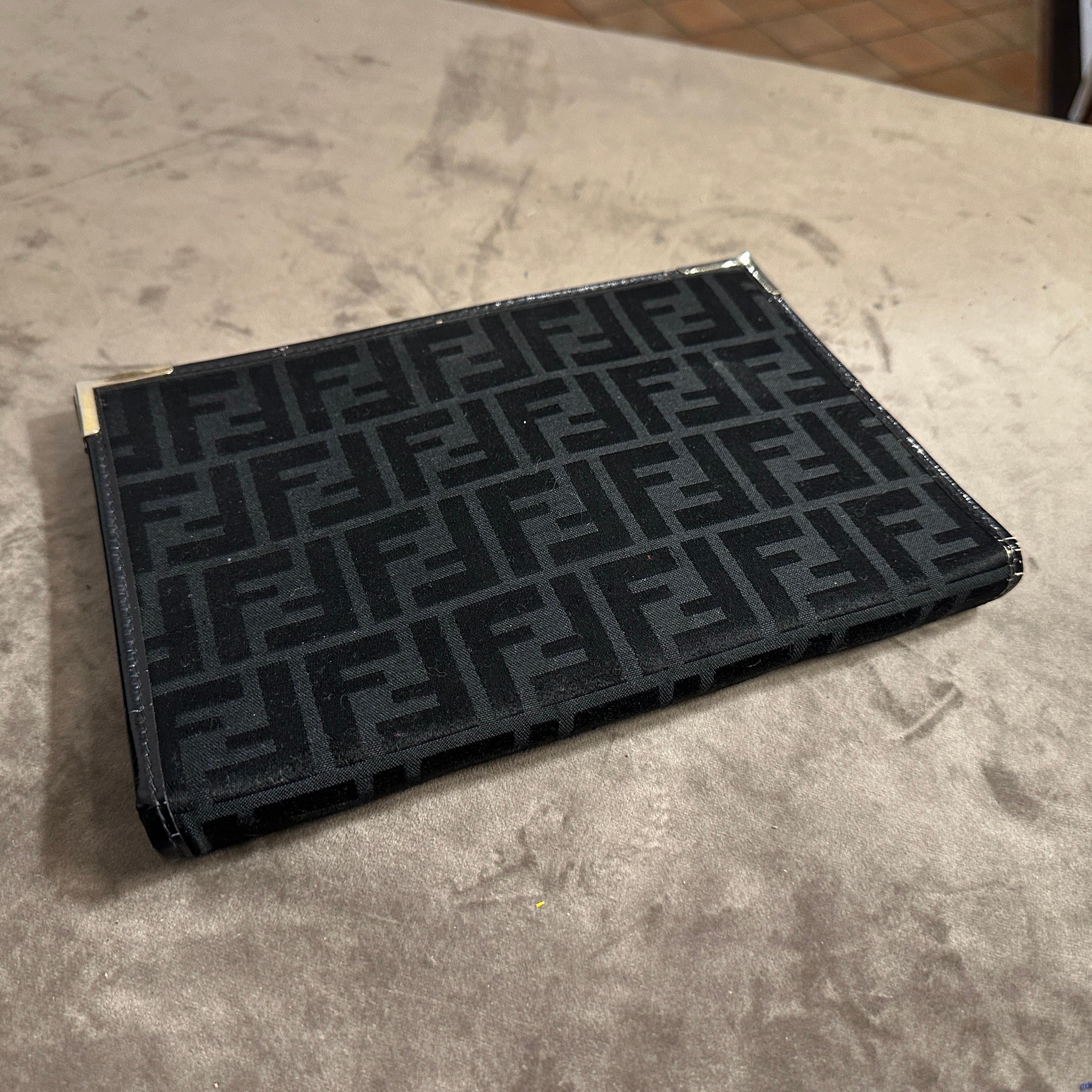 1980s Vintage Black on Black Monogram Clutch Bag by Fendi For Sale 9