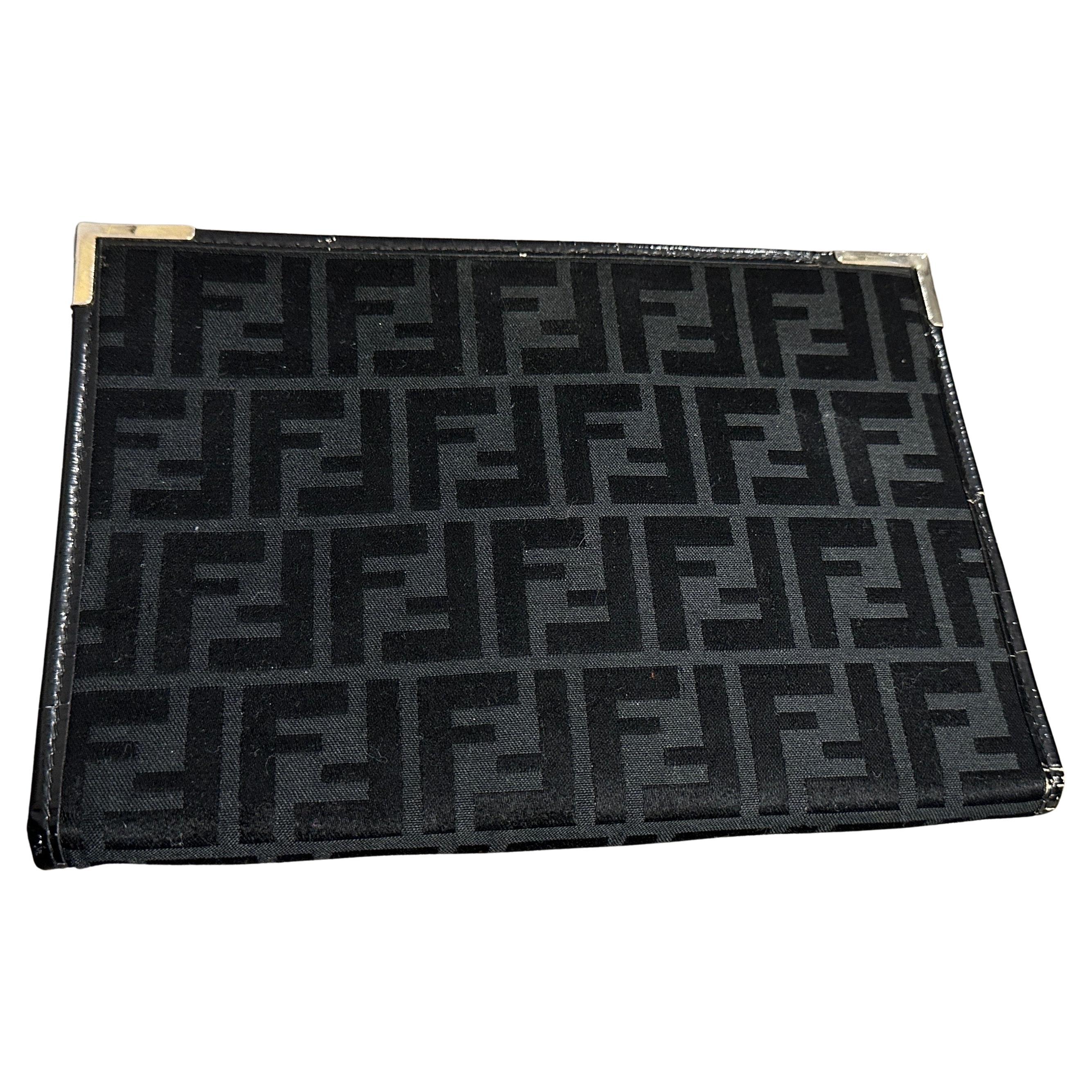 1980s Vintage Black on Black Monogram Clutch Bag by Fendi For Sale