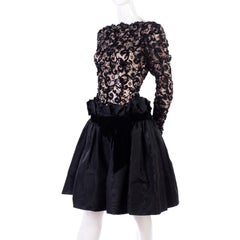 1980s Vintage Bob Mackie Black Lace Illusion Dress w Paper Bag Waist