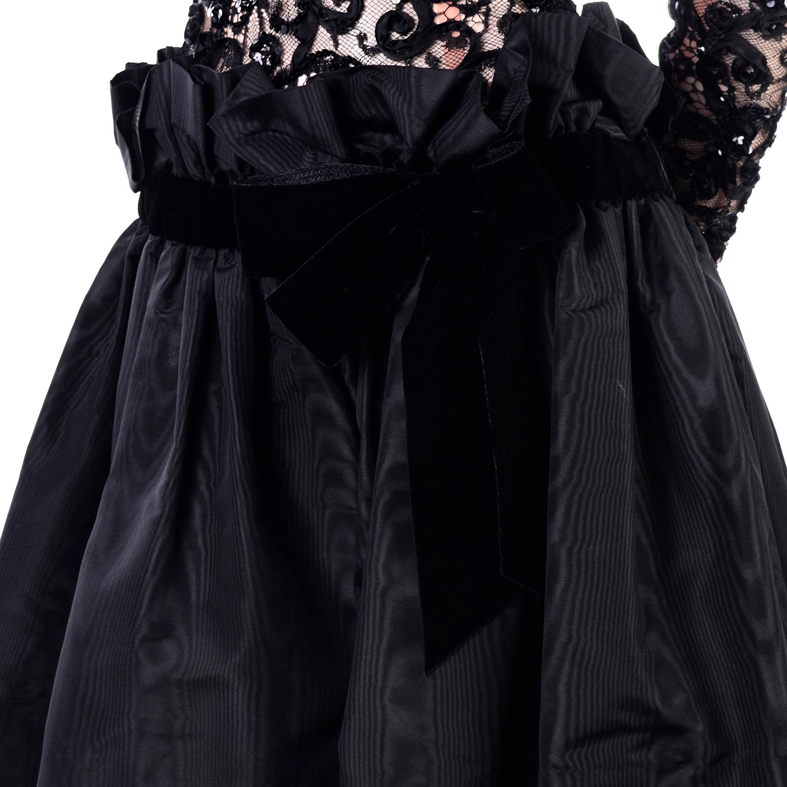 1980s Vintage Bob Mackie Black Lace Illusion Dress w Paper Bag Waist 1