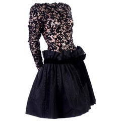 1980s Vintage Bob Mackie Black Lace Illusion Dress w Paper Bag Waist