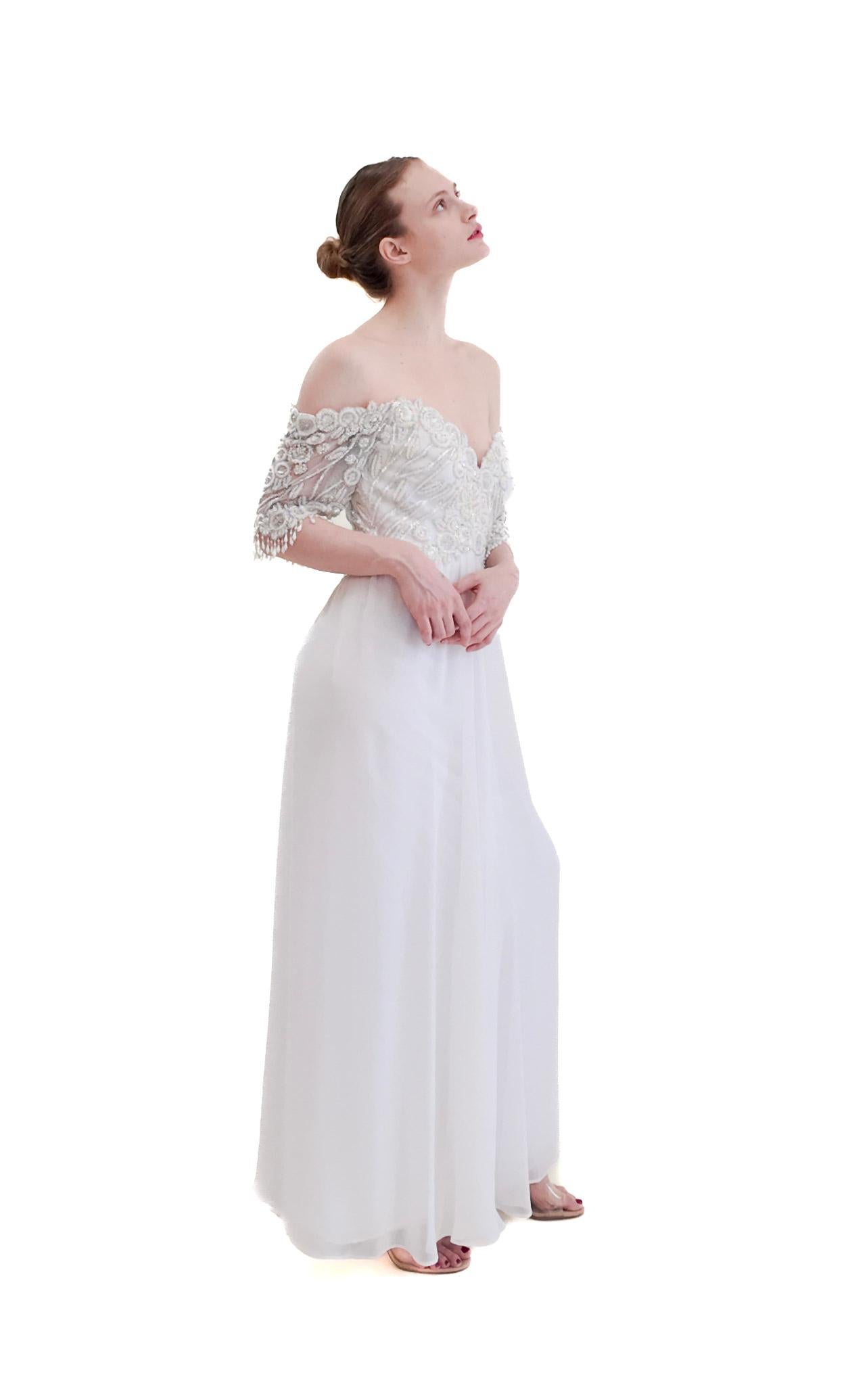Gray 1980's Vintage Bob Mackie White Gown with White Beaded Bodice For Sale