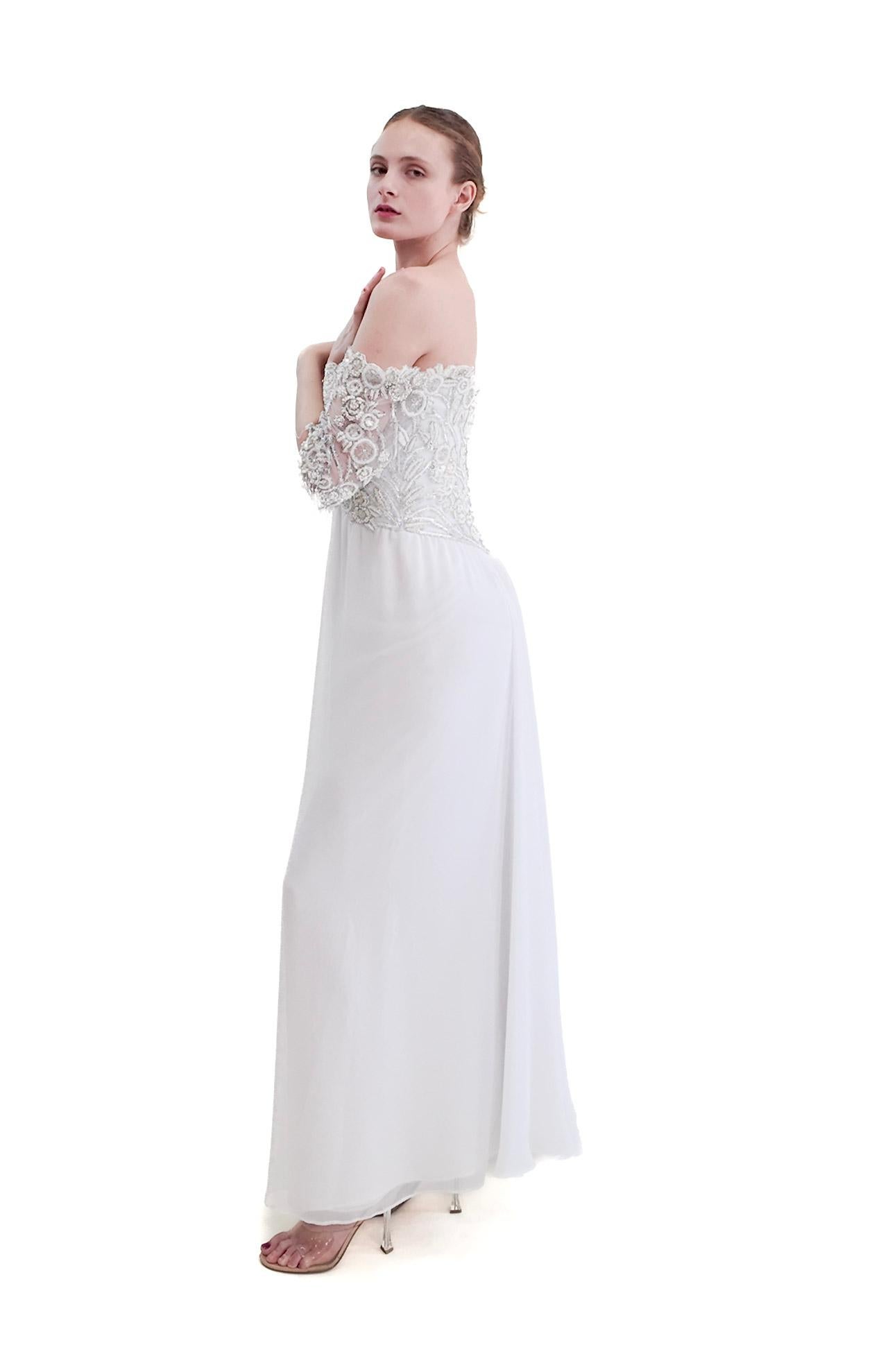 Women's 1980's Vintage Bob Mackie White Gown with White Beaded Bodice For Sale