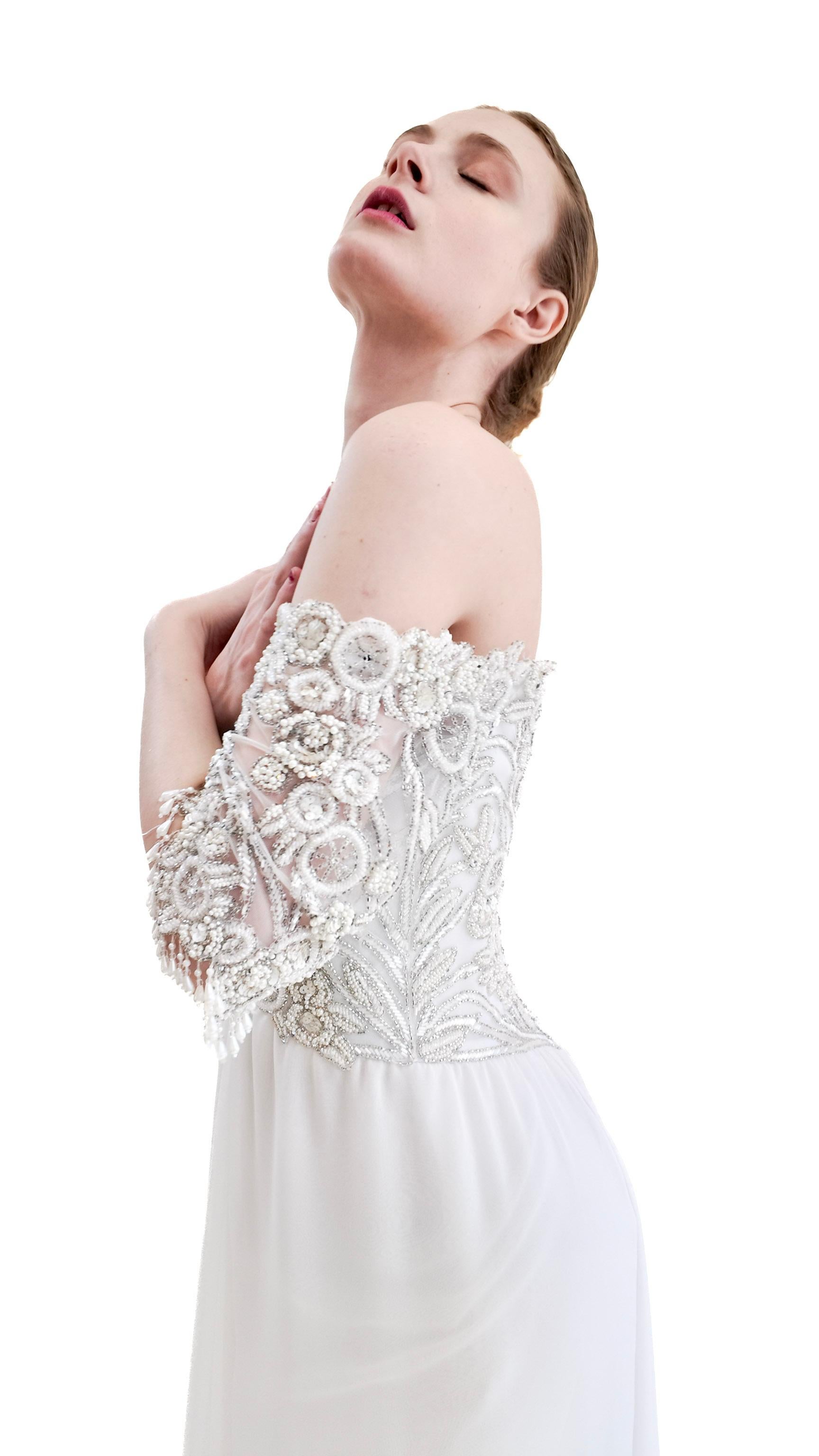 1980's Vintage Bob Mackie White Gown with White Beaded Bodice 1