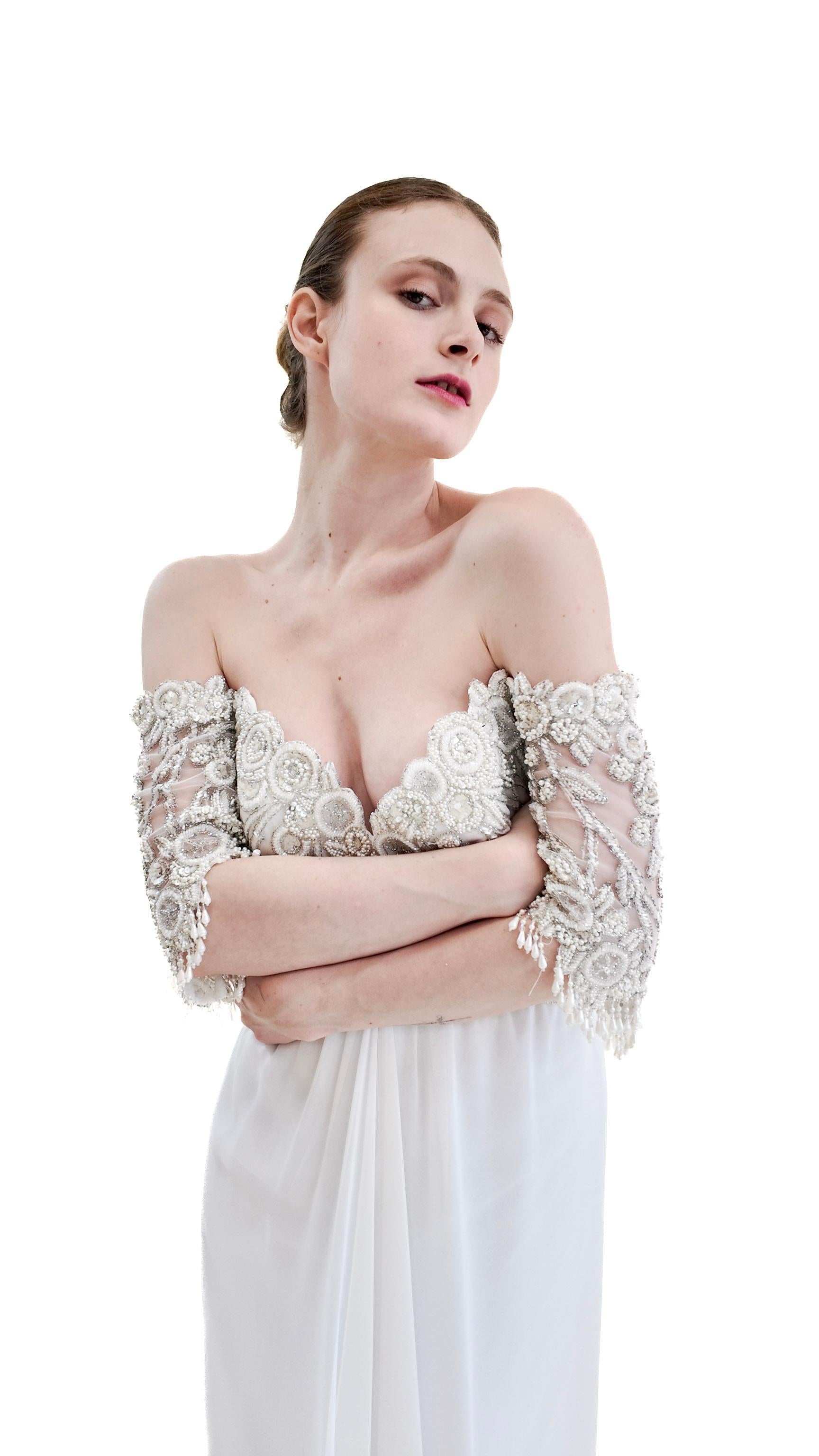 1980's Vintage Bob Mackie White Gown with White Beaded Bodice For Sale 2