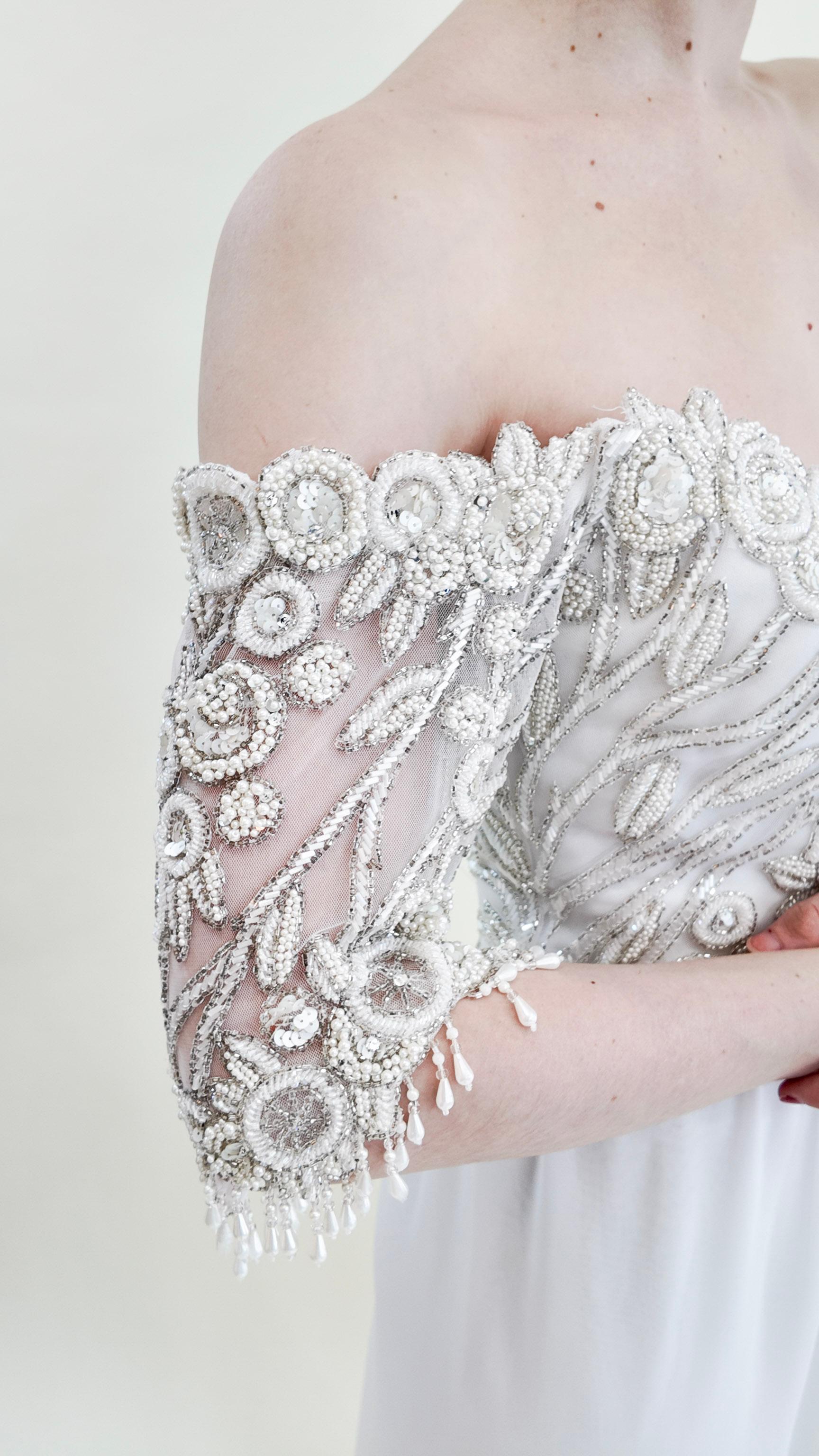 1980's Vintage Bob Mackie White Gown with White Beaded Bodice For Sale 4