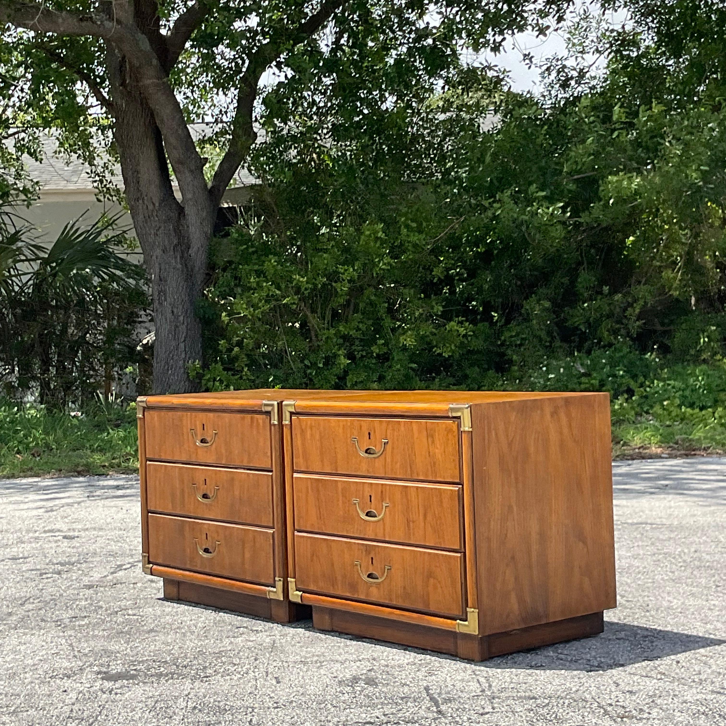 Mid-Century Modern 1980s Vintage Boho Drexel Campaign Nightstands - a Pair For Sale