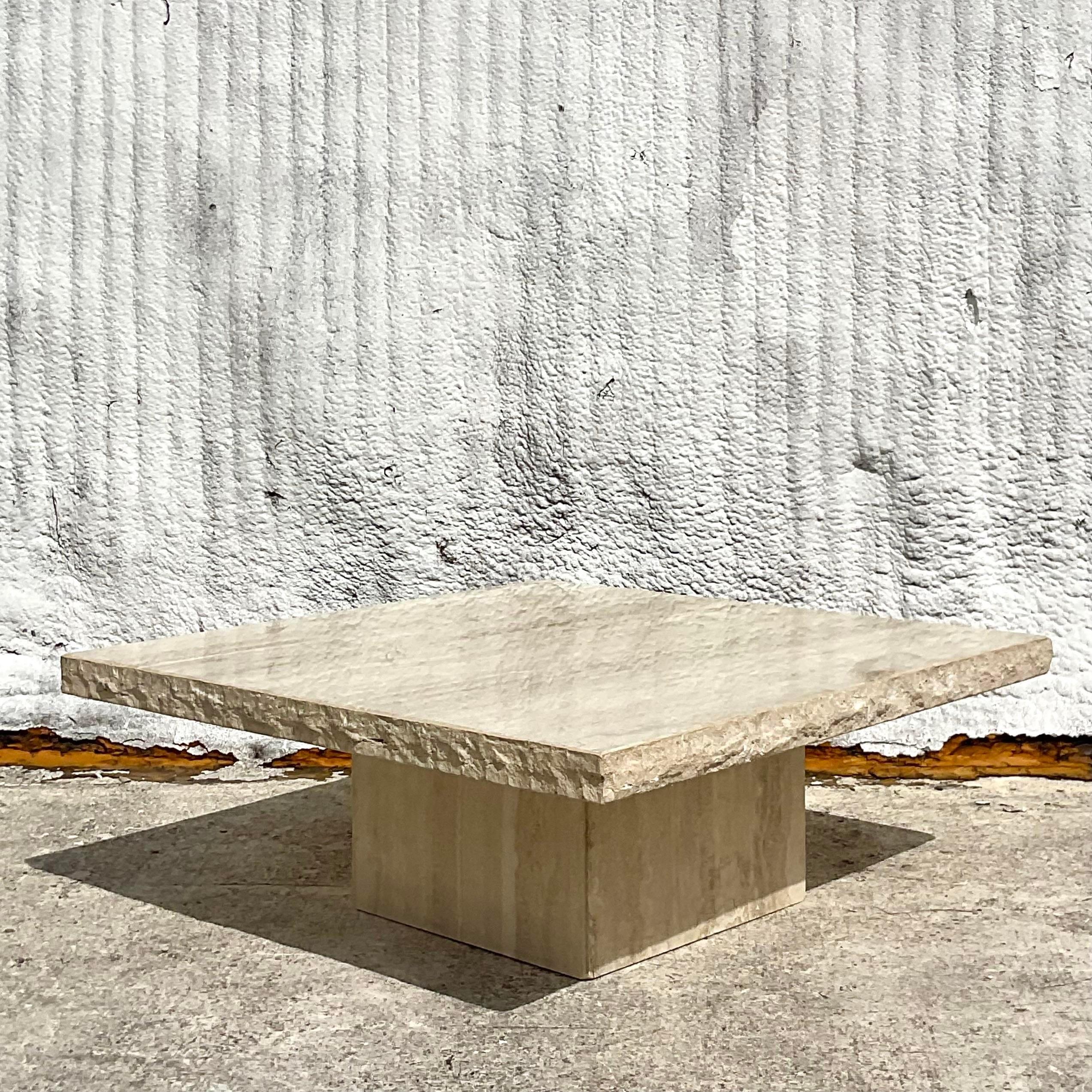 1980s Vintage Boho Italian Stone International Travertine Coffee Table In Good Condition For Sale In west palm beach, FL