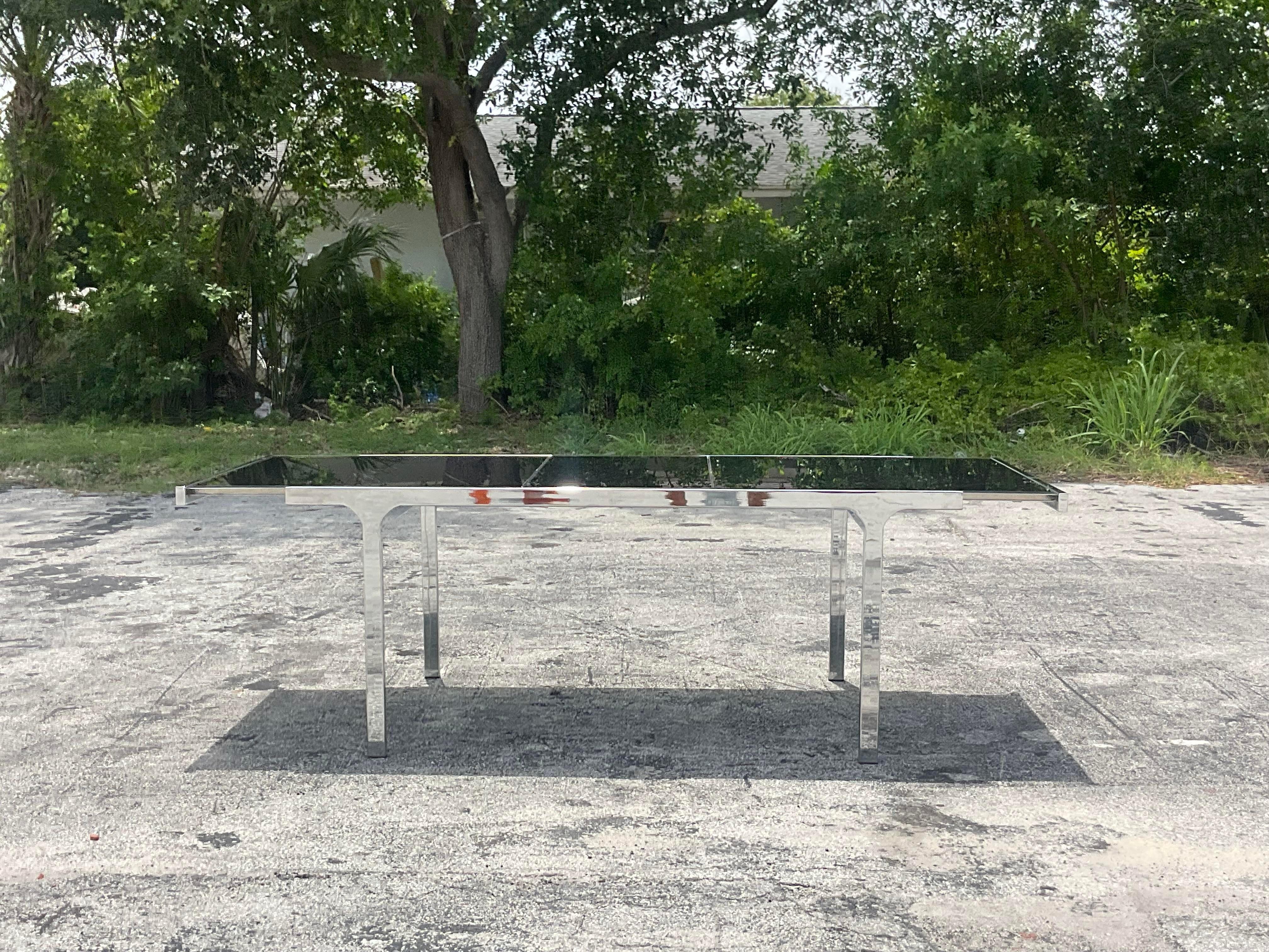 1980s Vintage Boho Signed Pierre Cardin Expandable Chrome Dining Table In Good Condition In West Palm Beach, FL