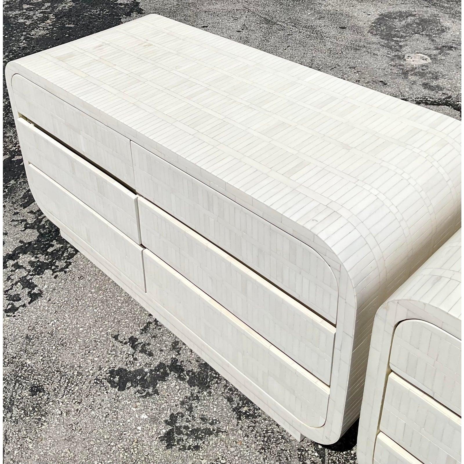 1980s Vintage Boho Tessellated Bone Nightstands - A Pair 5