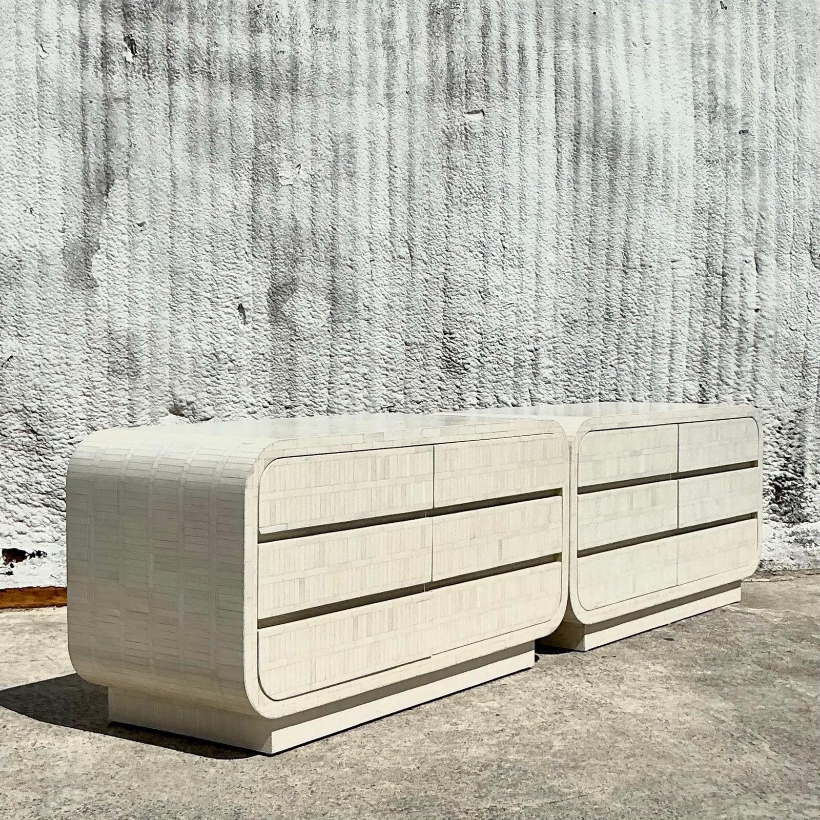 Colombian 1980s Vintage Boho Tessellated Bone Nightstands - A Pair