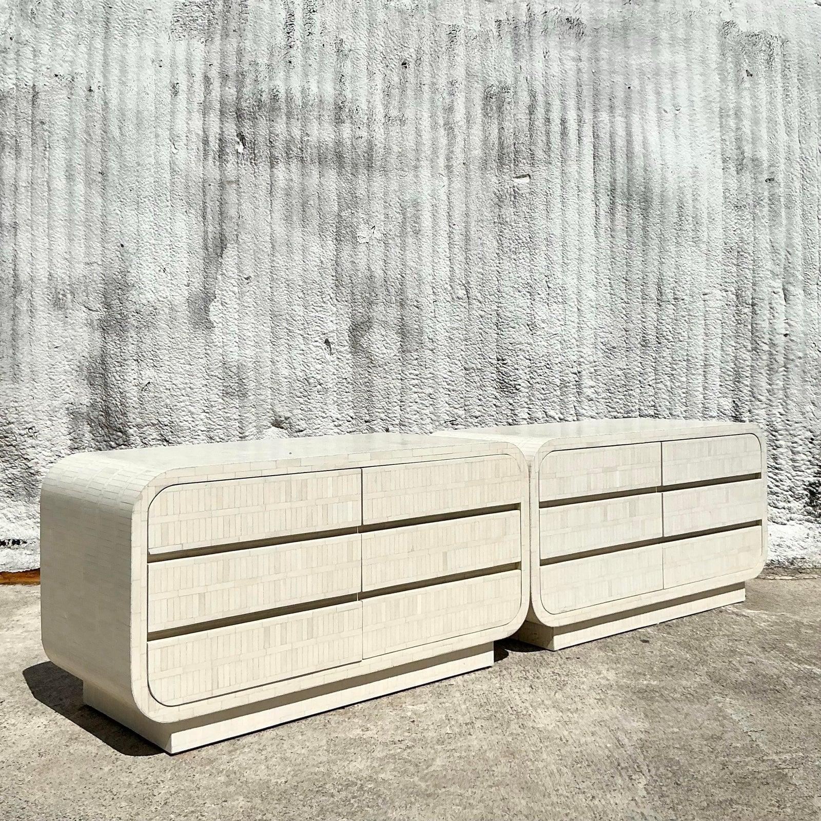 Late 20th Century 1980s Vintage Boho Tessellated Bone Nightstands - A Pair