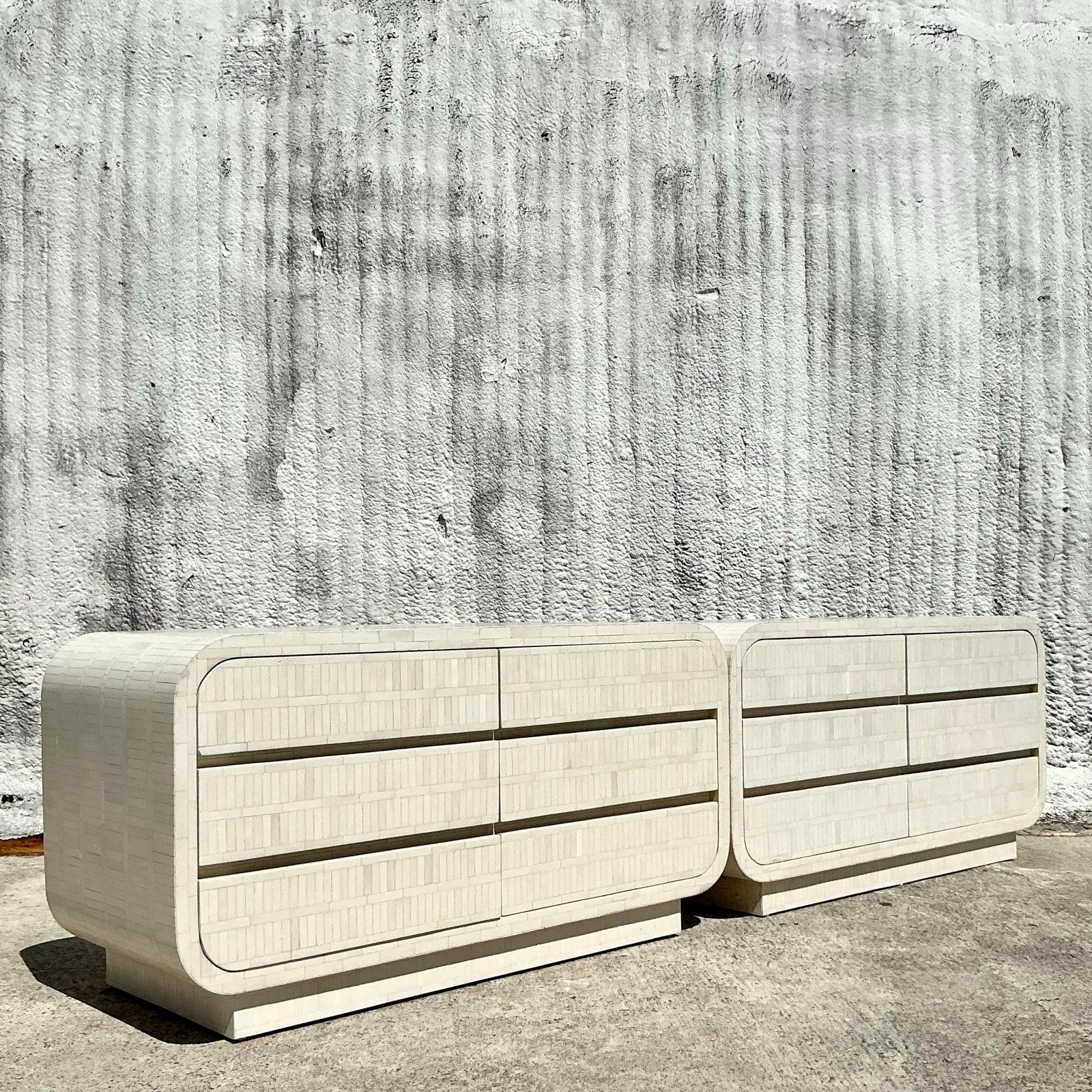 1980s Vintage Boho Tessellated Bone Nightstands - A Pair 2