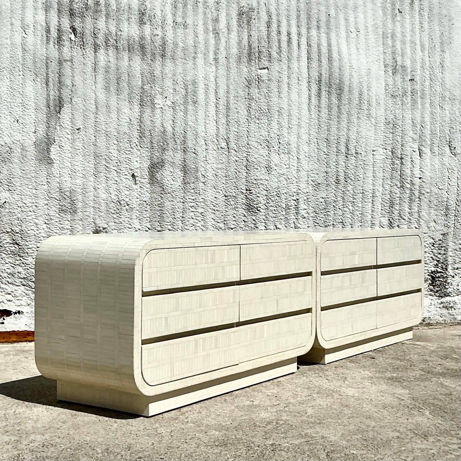 1980s Vintage Boho Tessellated Bone Nightstands - A Pair 3