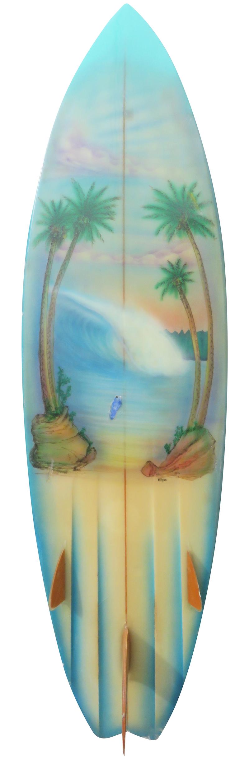 1980's Vintage Mural art surfboard shaped by Jerry Grantham. Featuring two unique airbrushed wave art murals on the deck and bottom of board. Signed by artist “Brian”. This board is complete with a bonzer tri-fin setup which was a revolutionary