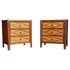 1980s Vintage British Colonial Style Burnt Bamboo and Cane Nightstands- A Pair