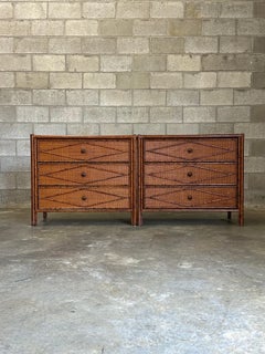 1980s Vintage British Colonial Style Burnt Bamboo and Rattan Chests- A Pair