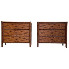 1980s Vintage British Colonial Style Burnt Bamboo and Rattan Chests- A Pair