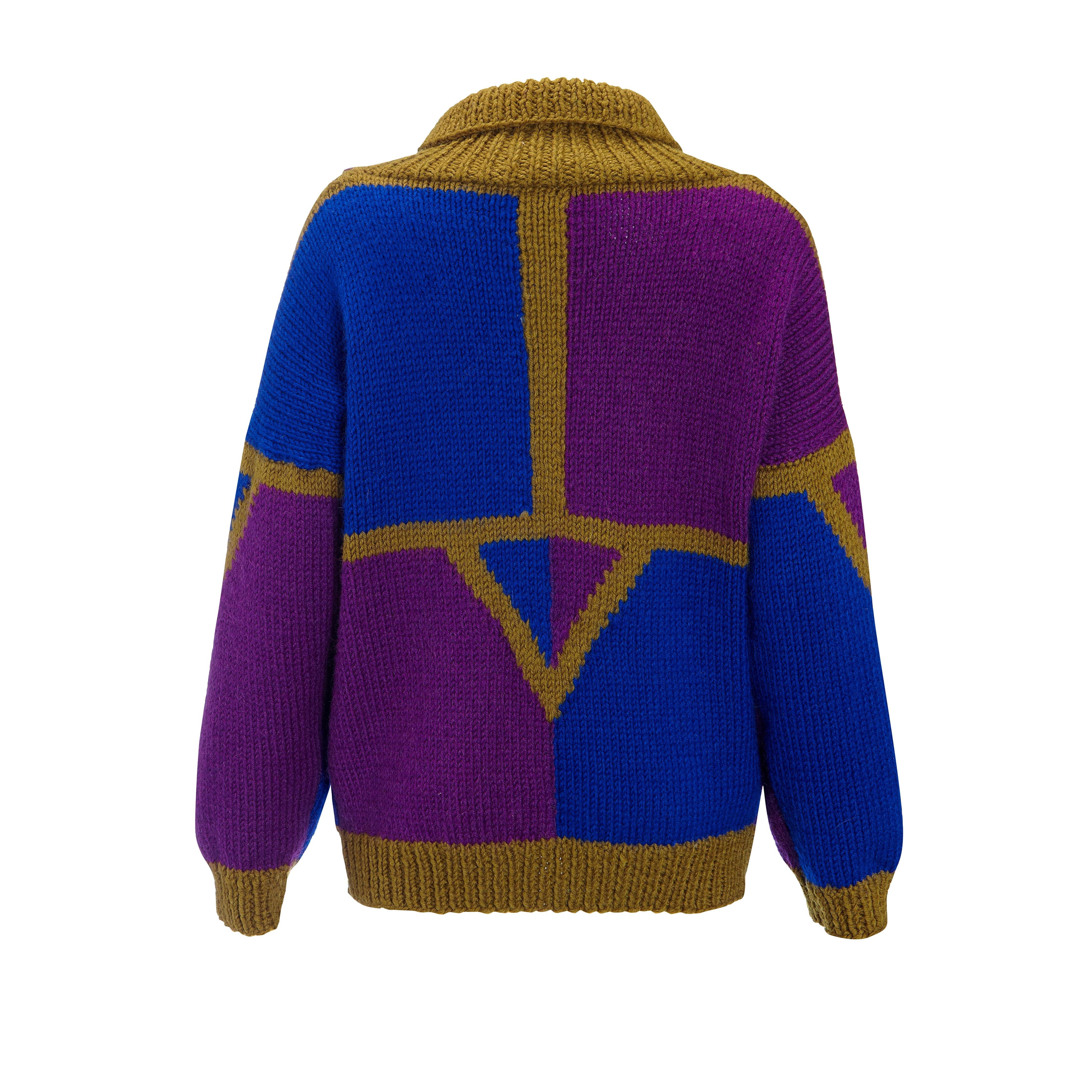 1980s Vintage Cardigan - Khaki Blue & Purple - Hand Knitted In Good Condition For Sale In KENT, GB