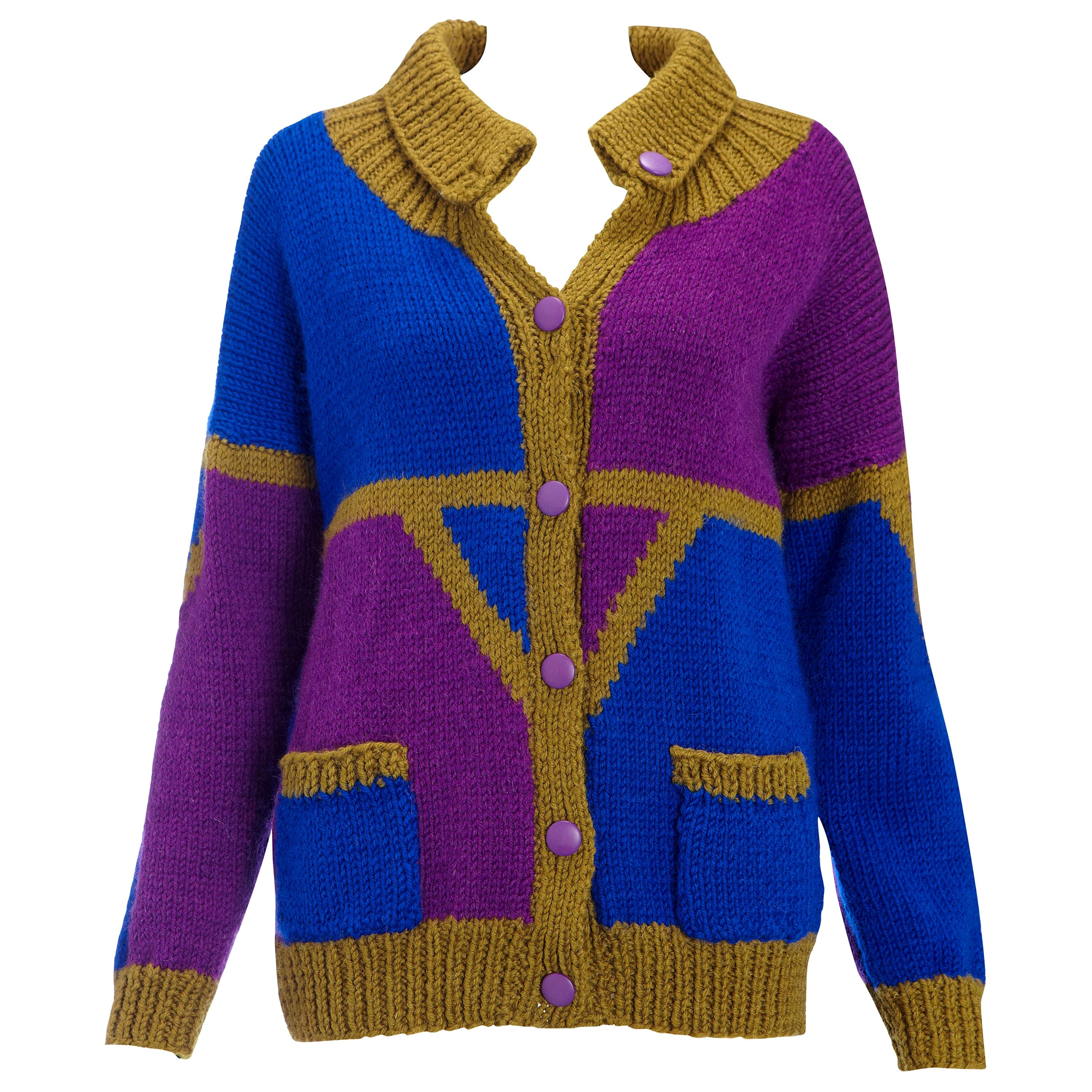 1980s Vintage Cardigan Khaki Blue & Purple Hand Knit 