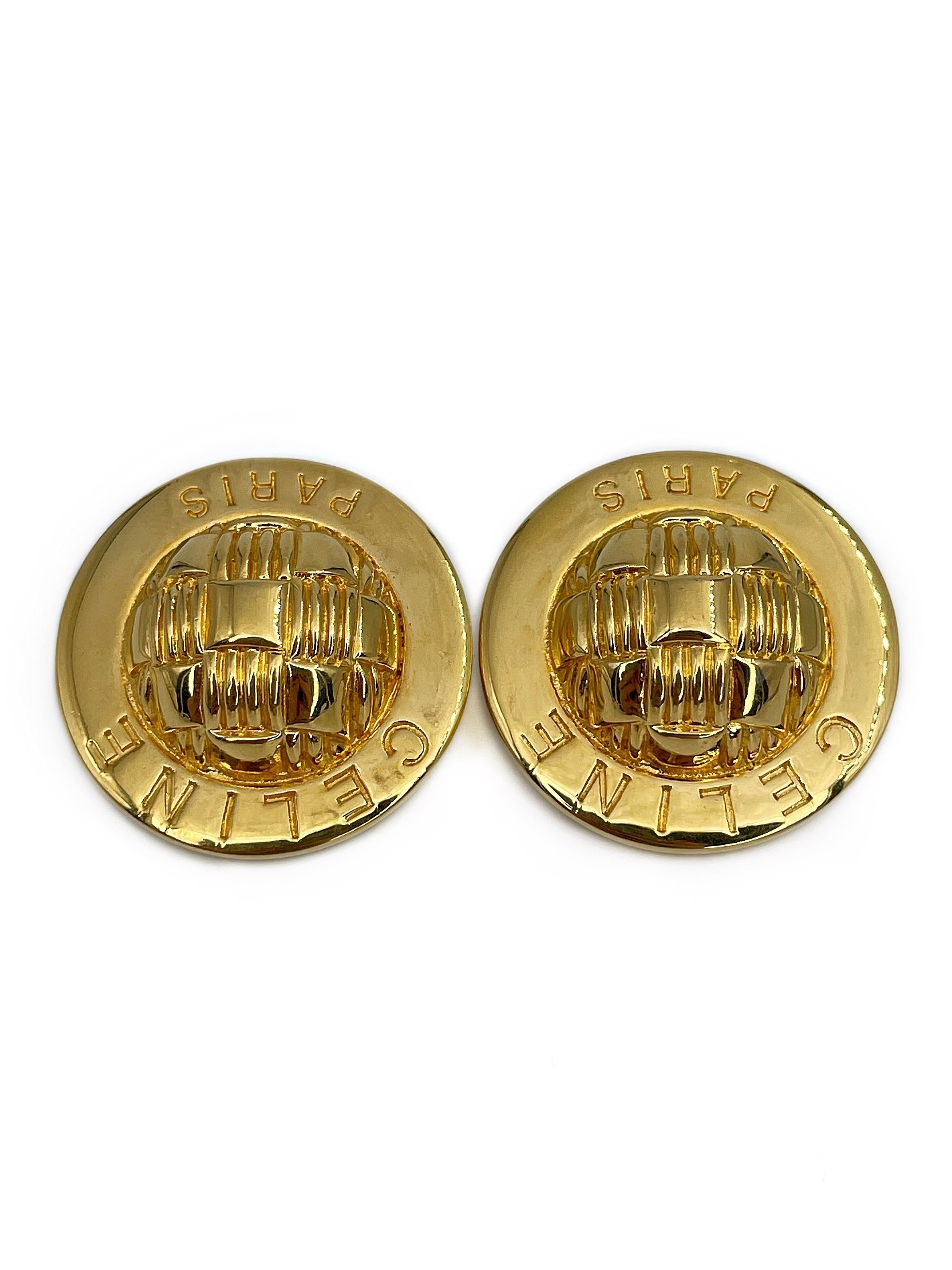 Modern 1980s Vintage Celine Round Dome Gold Tone Clip on Earrings