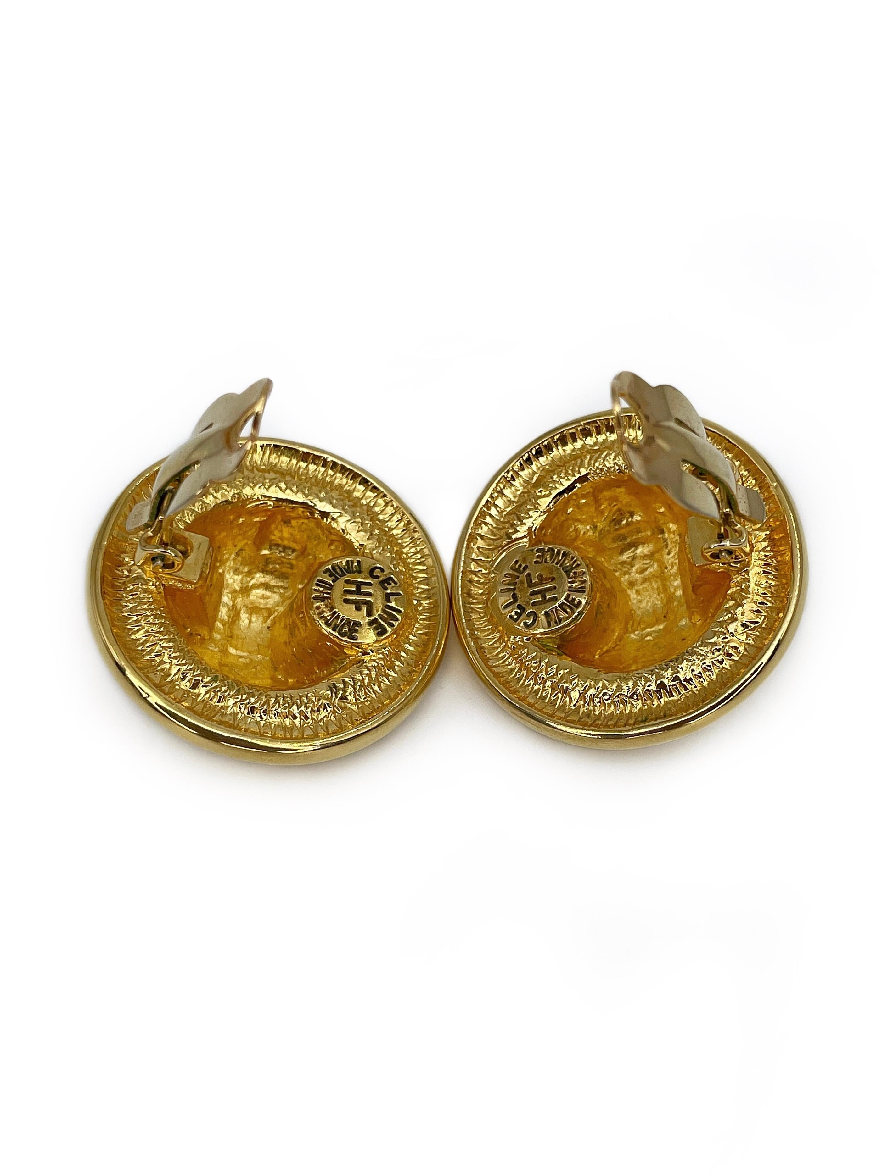 Women's 1980s Vintage Celine Round Dome Gold Tone Clip on Earrings