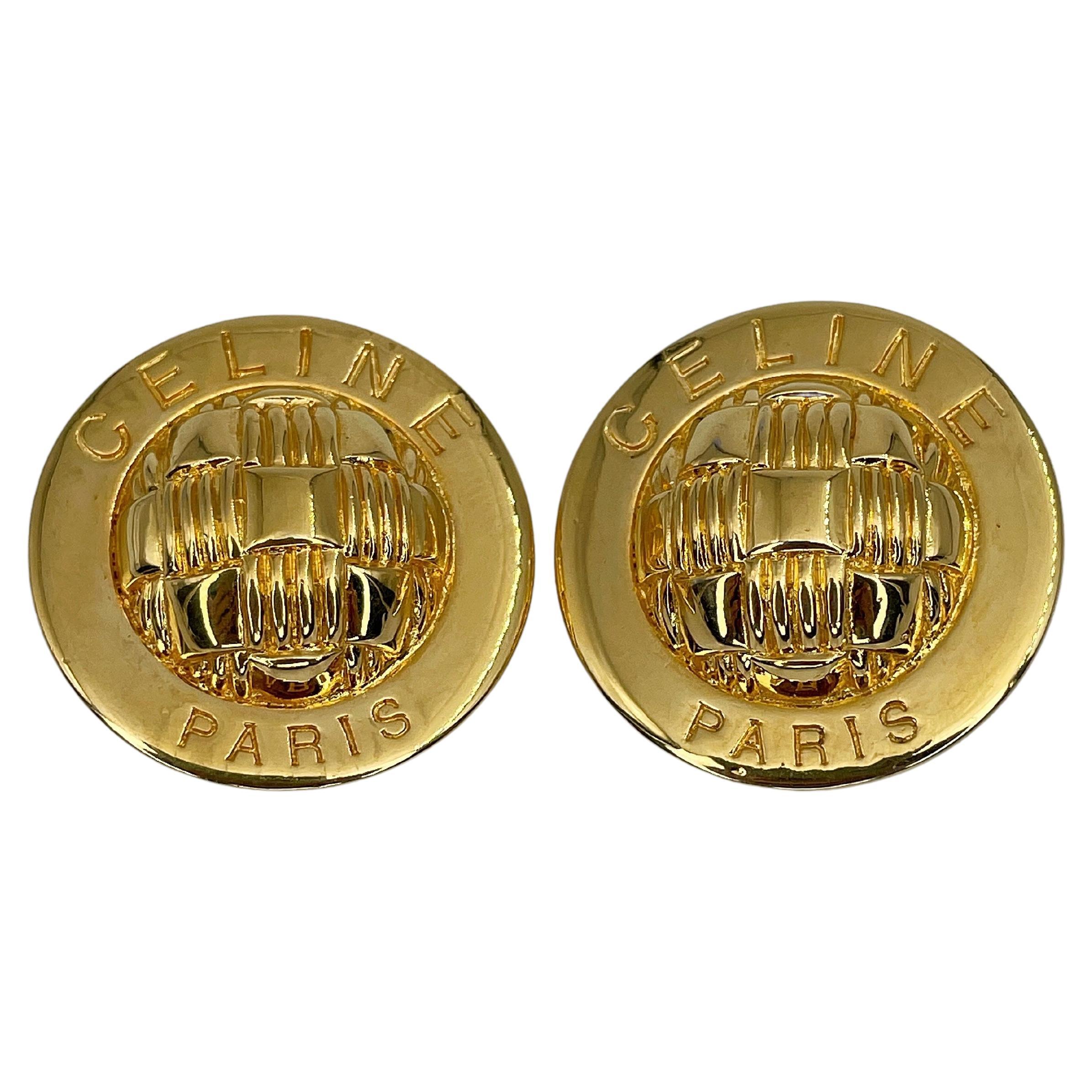 1980s Vintage Celine Round Dome Gold Tone Clip on Earrings