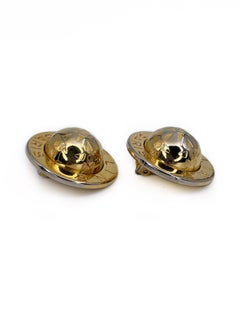 1980s Vintage Celine Round Spheric Globe Gold Silver Tone Clip On Earrings