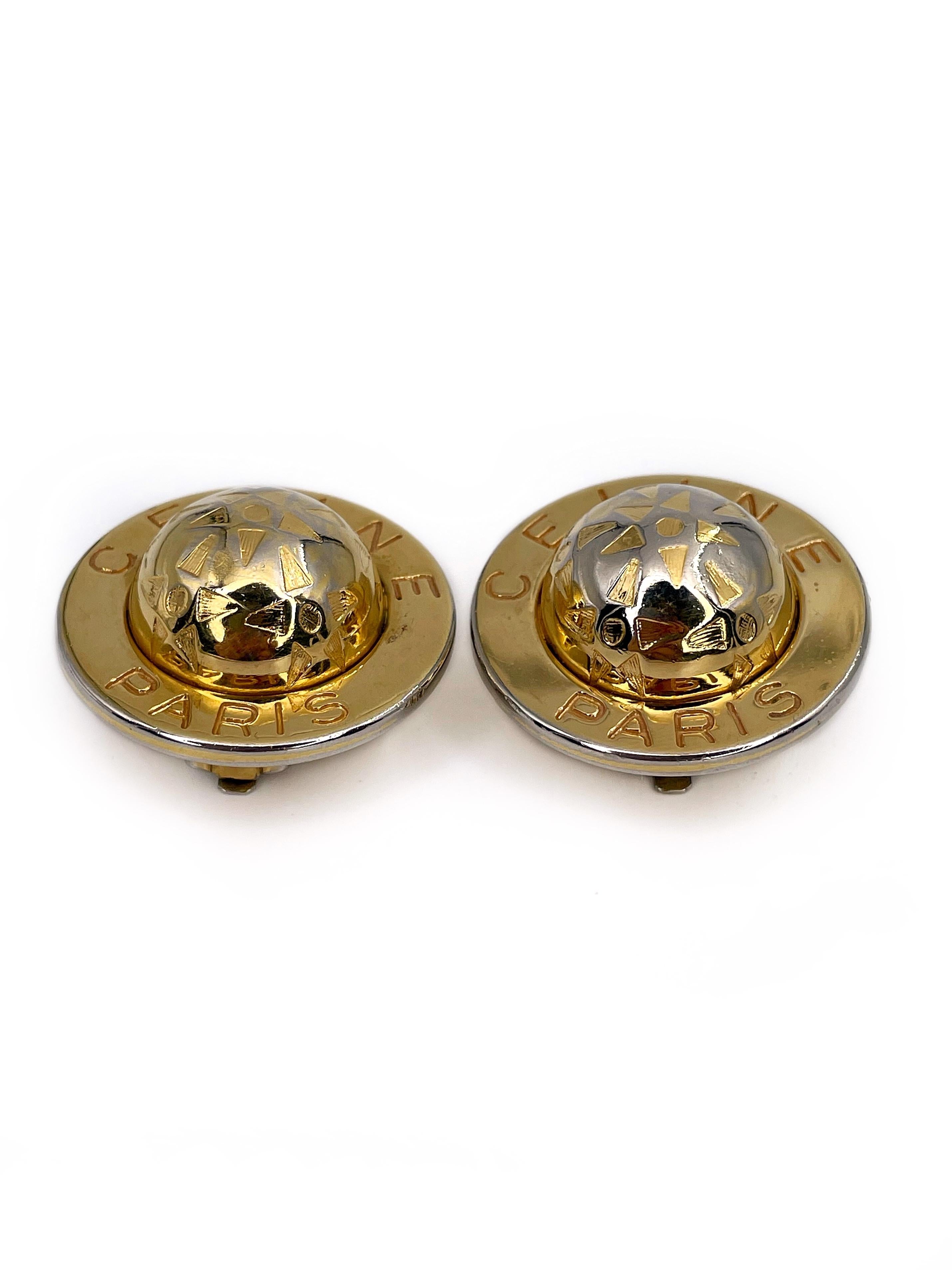 Women's 1980s Vintage Celine Round Spheric Globe Gold Silver Tone Clip On Earrings