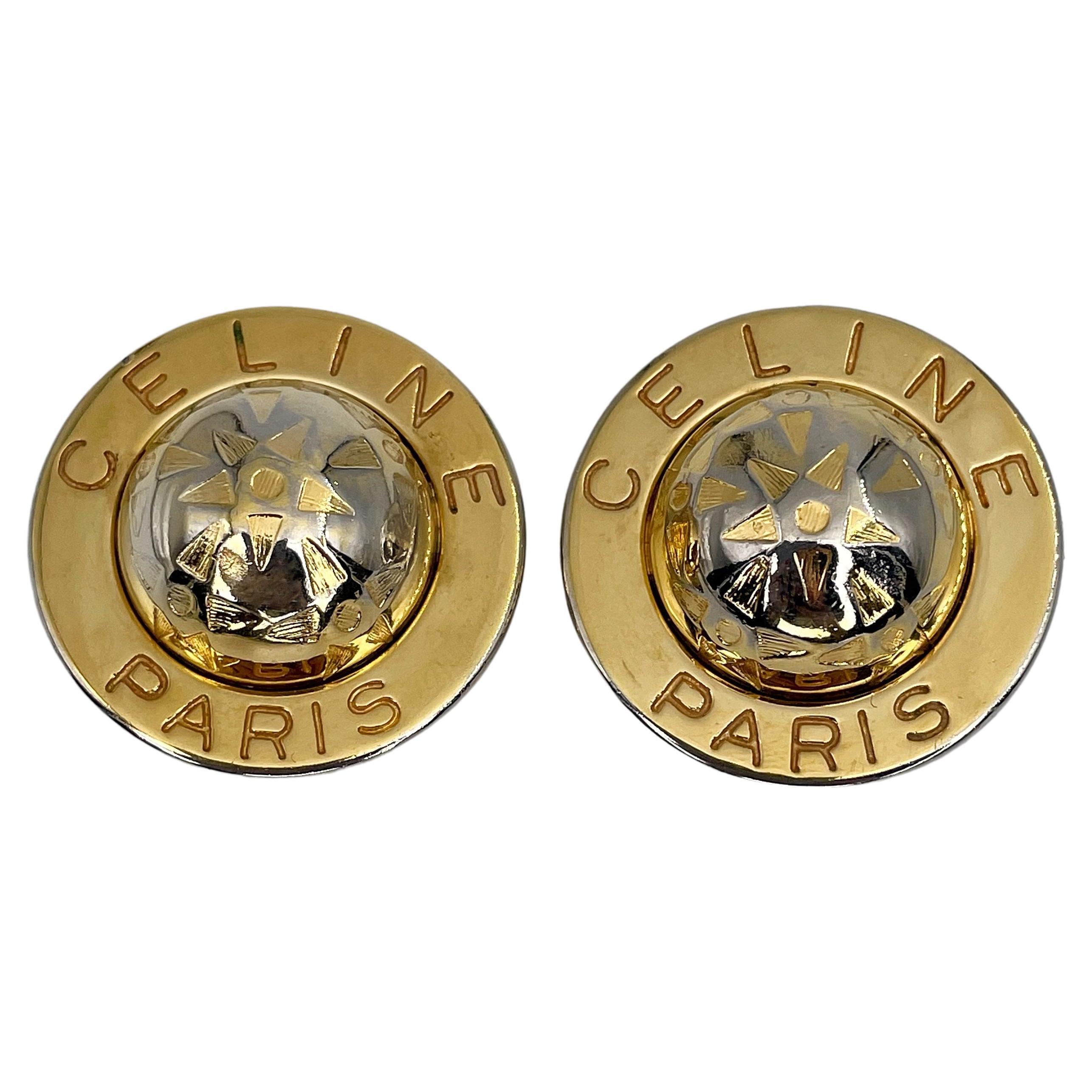 1980s Vintage Celine Round Spheric Globe Gold Silver Tone Clip On Earrings