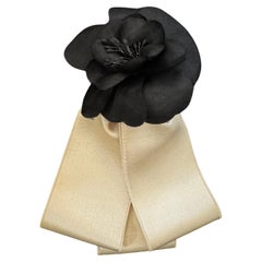1980s Vintage CHANEL Camellia Ribbon Brooch Black White