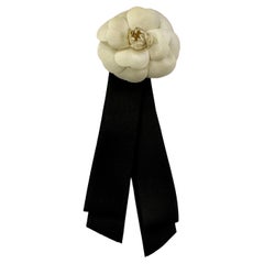 1980s Vintage CHANEL Camellia Ribbon Brooch Black White
