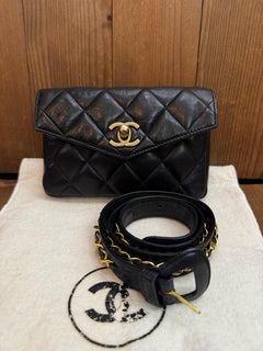 1980s Vintage CHANEL Diamond Quilted Lambskin Leather Waist Chain Flap Bag Black