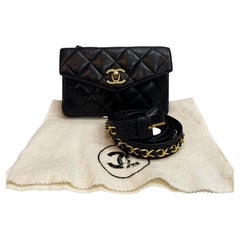 1980s Vintage CHANEL Diamond Quilted Lambskin Leather Waist Chain Flap Bag Black