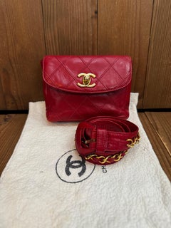 1980s Vintage CHANEL Diamond Quilted Lambskin Leather Waist Chain Flap Bag Red