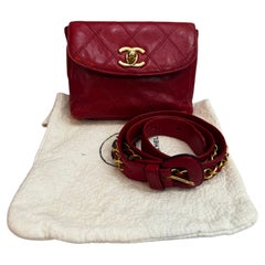 1980s Vintage CHANEL Diamond Quilted Lambskin Leather Waist Chain Flap Bag Red