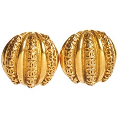 1980's Vintage Chanel Dome Gold Logo Clip Earrings