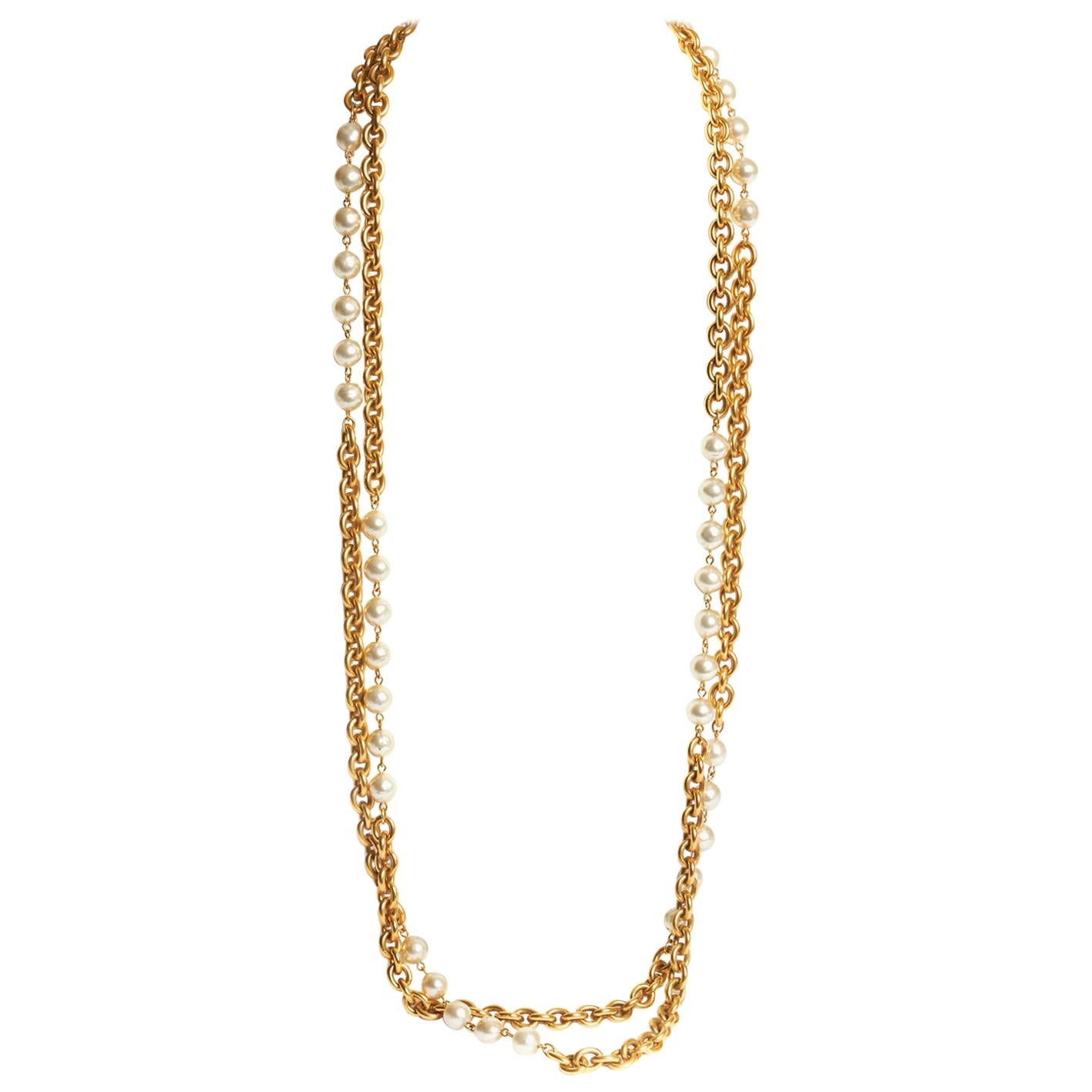 1980's Vintage Chanel Double Strand Pearl Gold Chain Necklace