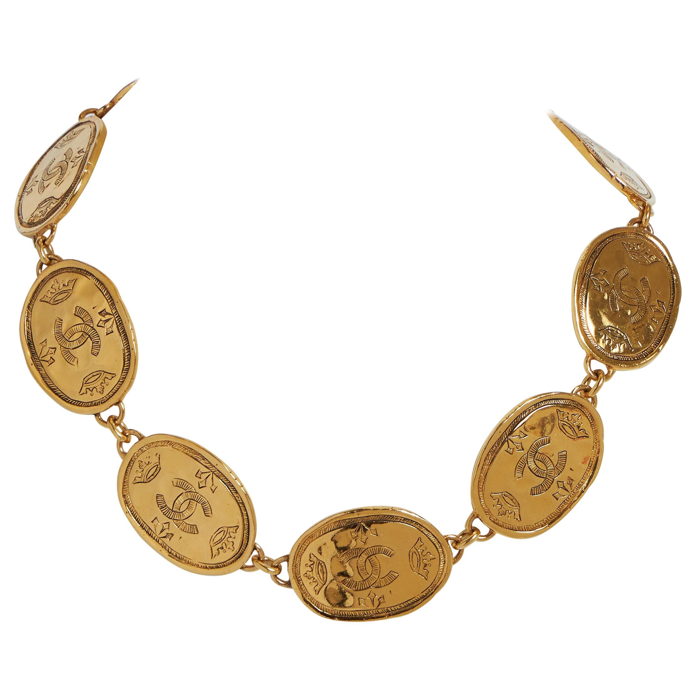 Vintage Chanel Gold Oval Coin Necklace 