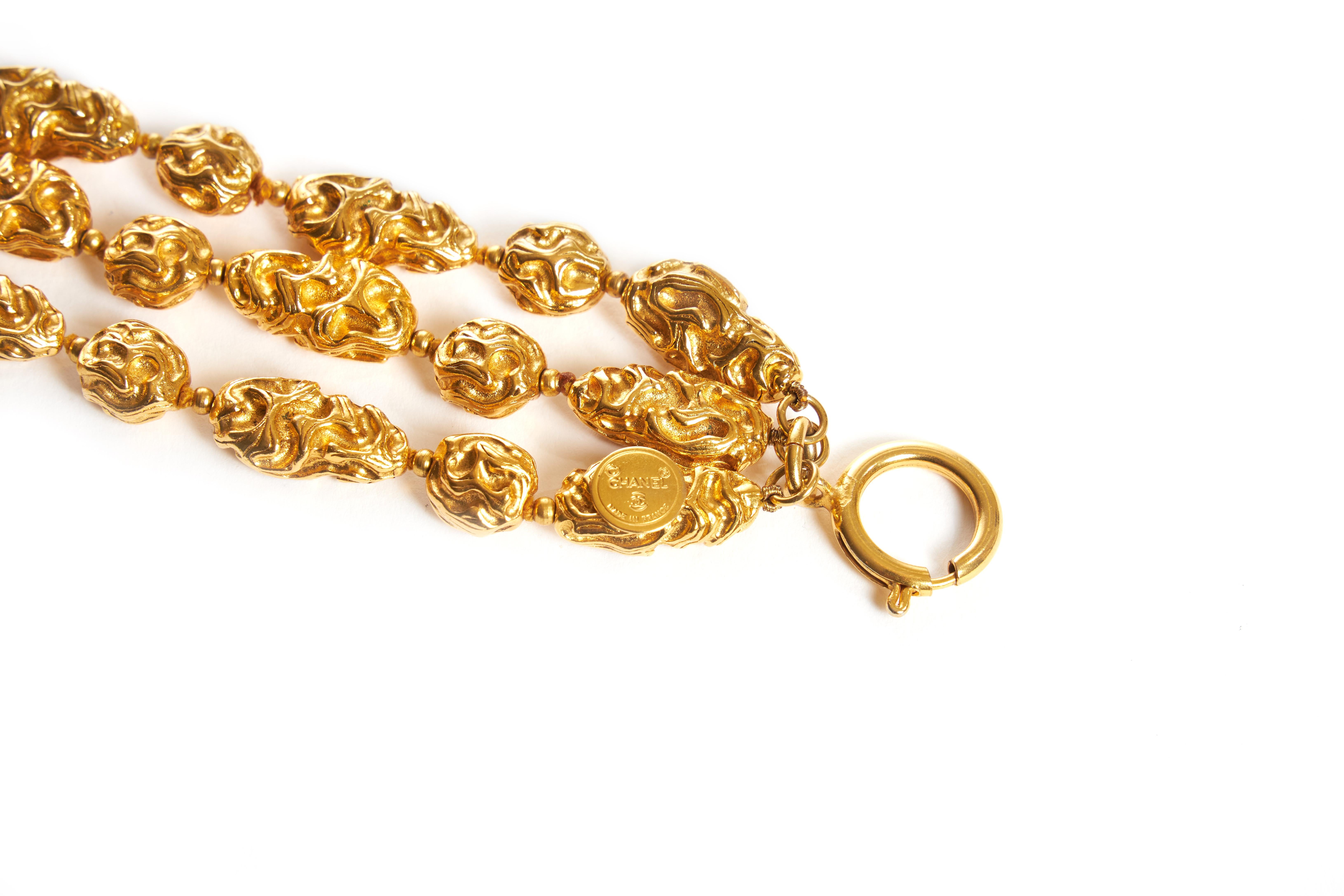 1980s Vintage Chanel Gold Three Strand Nugget Bracelet In Excellent Condition In West Hollywood, CA