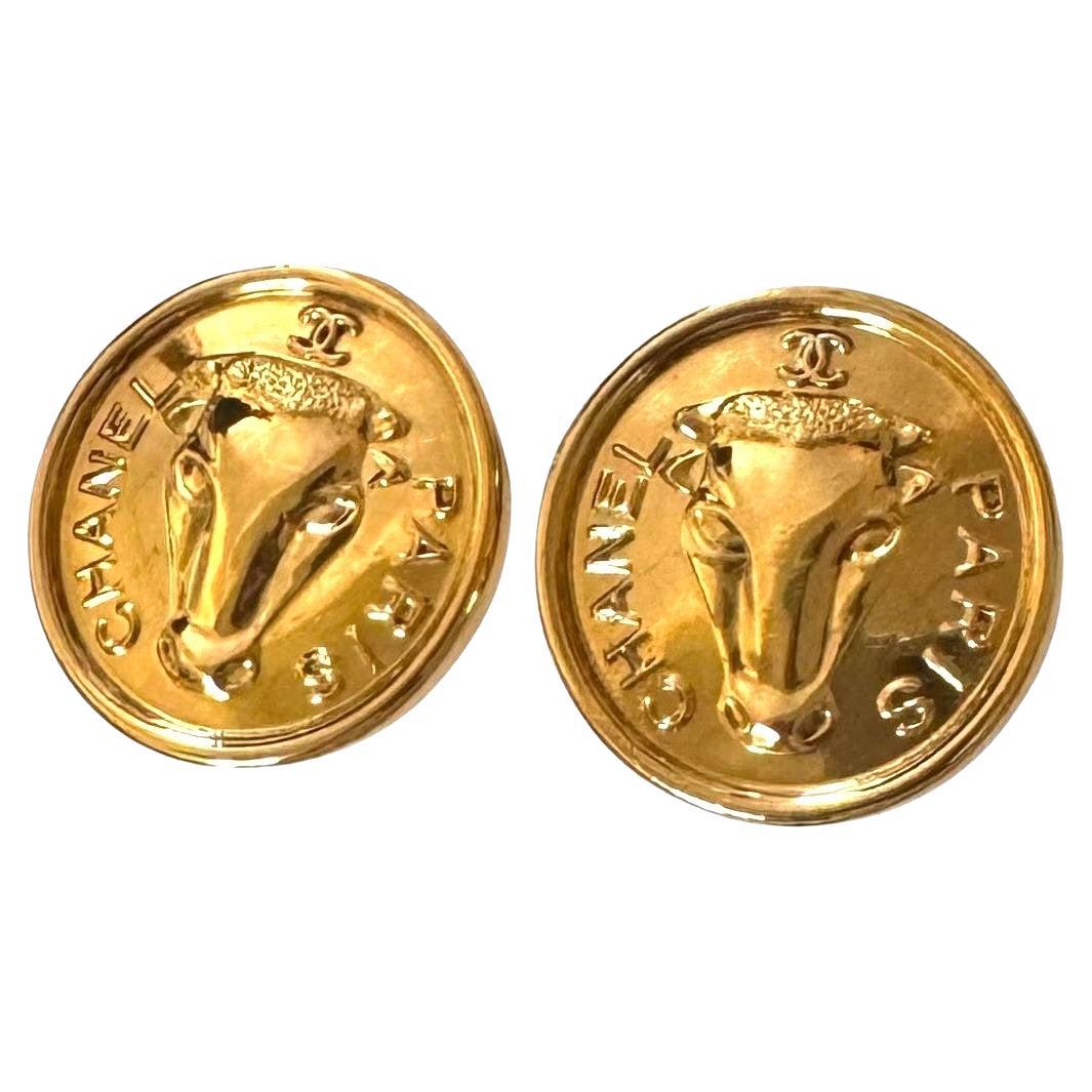 1980s Vintage CHANEL Gold Toned Bull Clip On Earrings For Sale