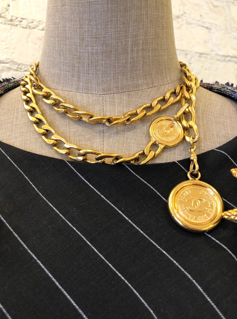 1980s Vintage CHANEL Gold Toned Cambon Coin Chain Belt Necklace For ...
