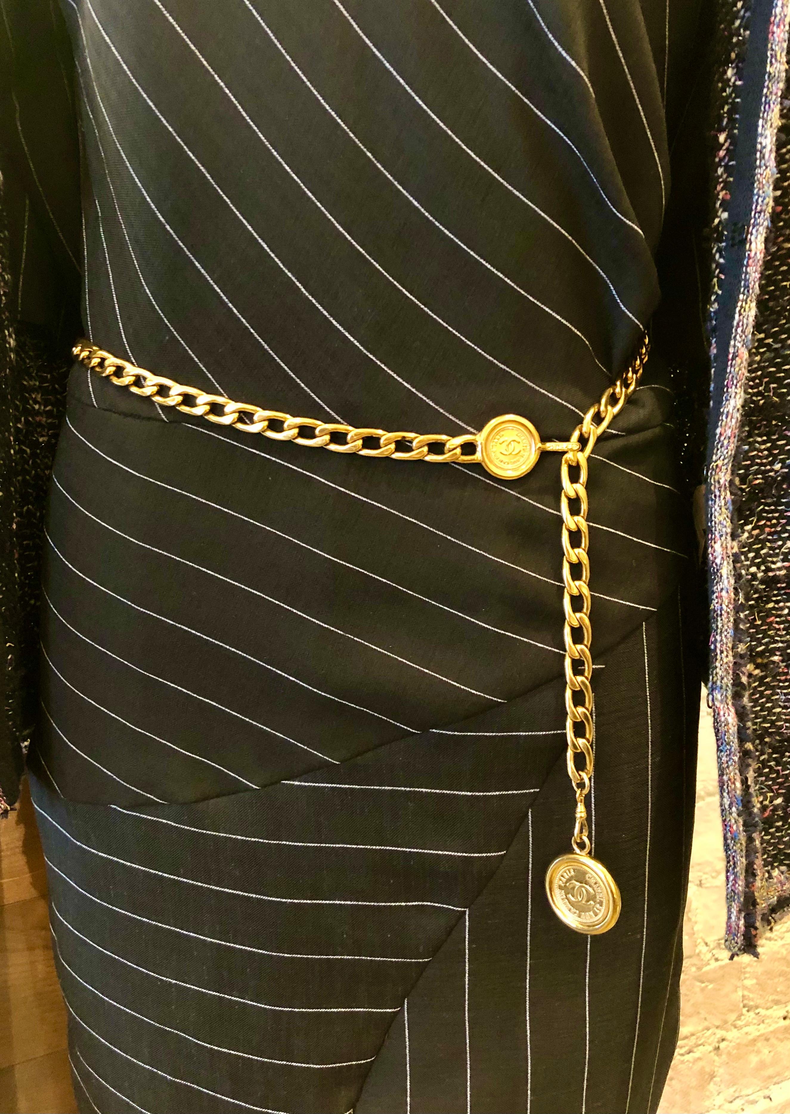Women's or Men's 1980s Vintage CHANEL Gold Toned Cambon Coin Chain Belt Necklace