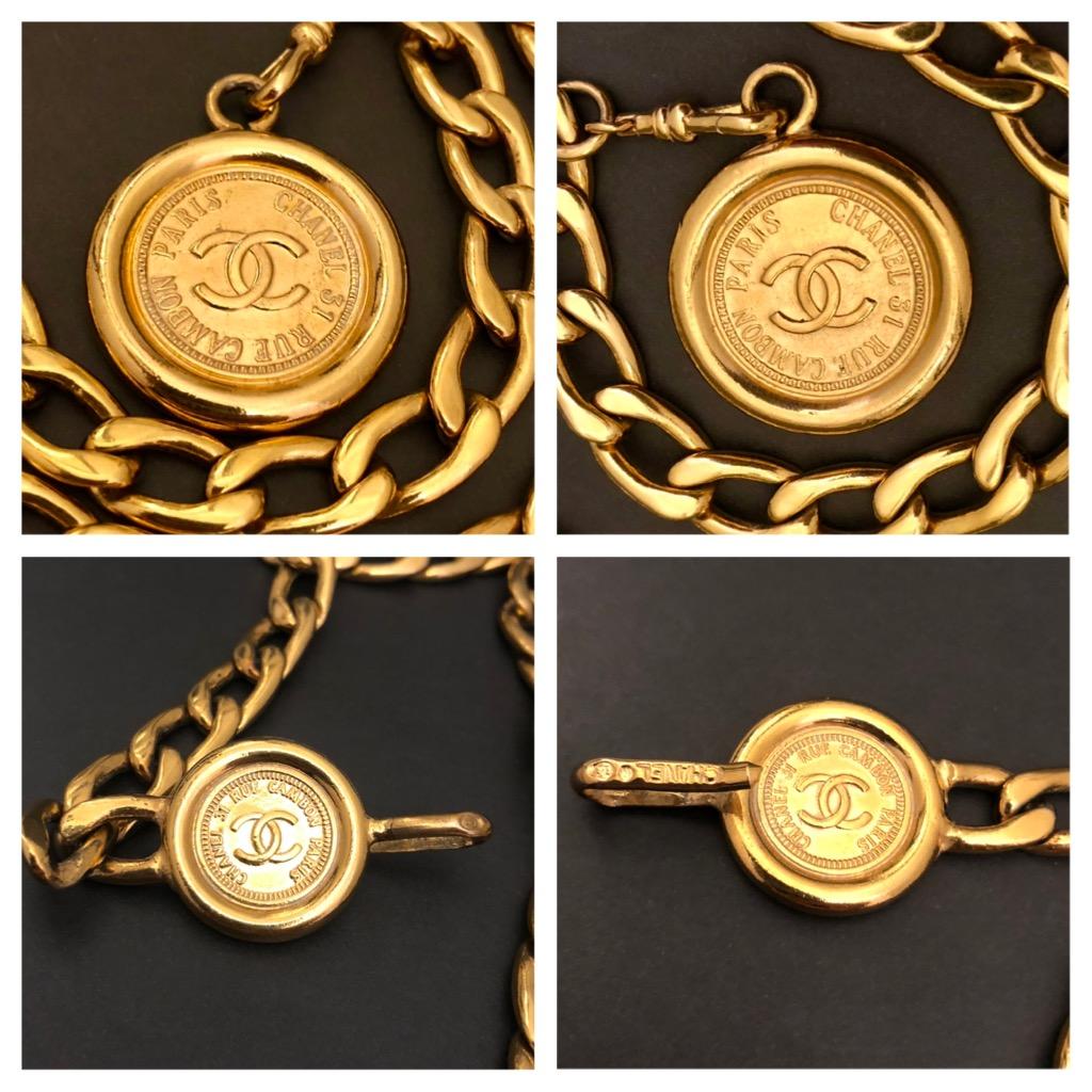 1980s Vintage CHANEL Gold Toned Cambon Coin Chain Belt Necklace 1