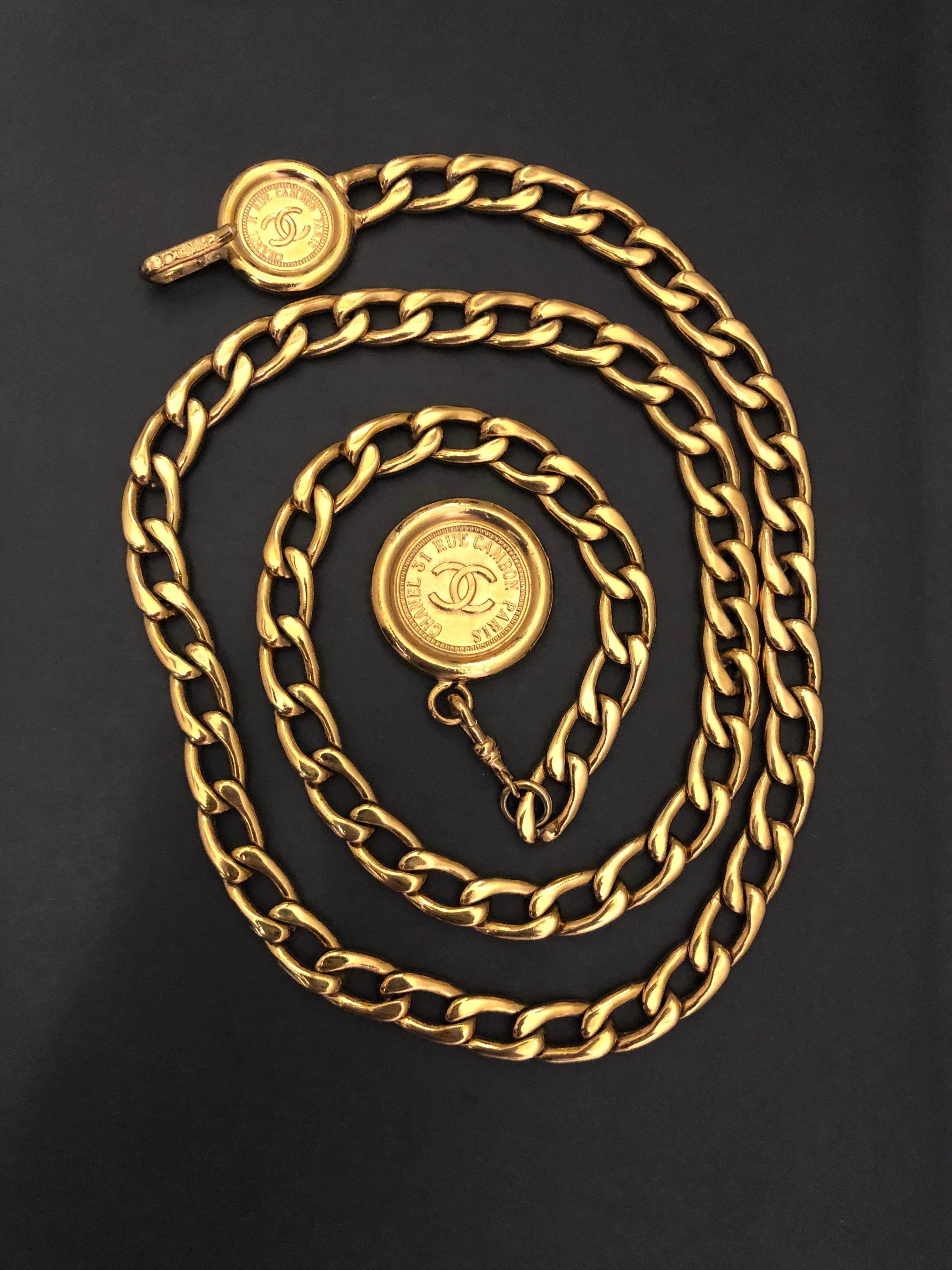 1980s Vintage CHANEL Gold Toned Cambon Coin Chain Belt Necklace 2