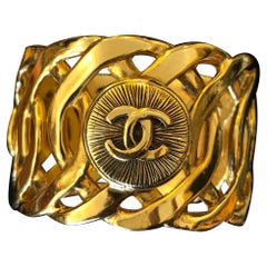 1980s Vintage CHANEL Gold Toned Chain Cuff Bracelet