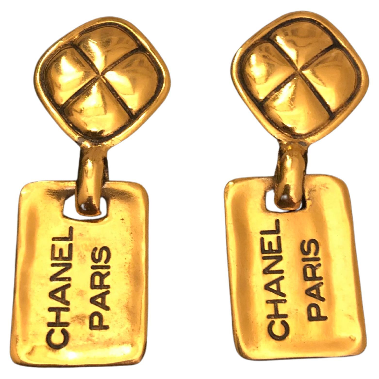 1980s Vintage CHANEL Gold Toned Dangle Clip On Earrings