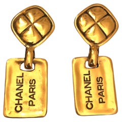1980s Vintage CHANEL Gold Toned Dangle Clip On Earrings 