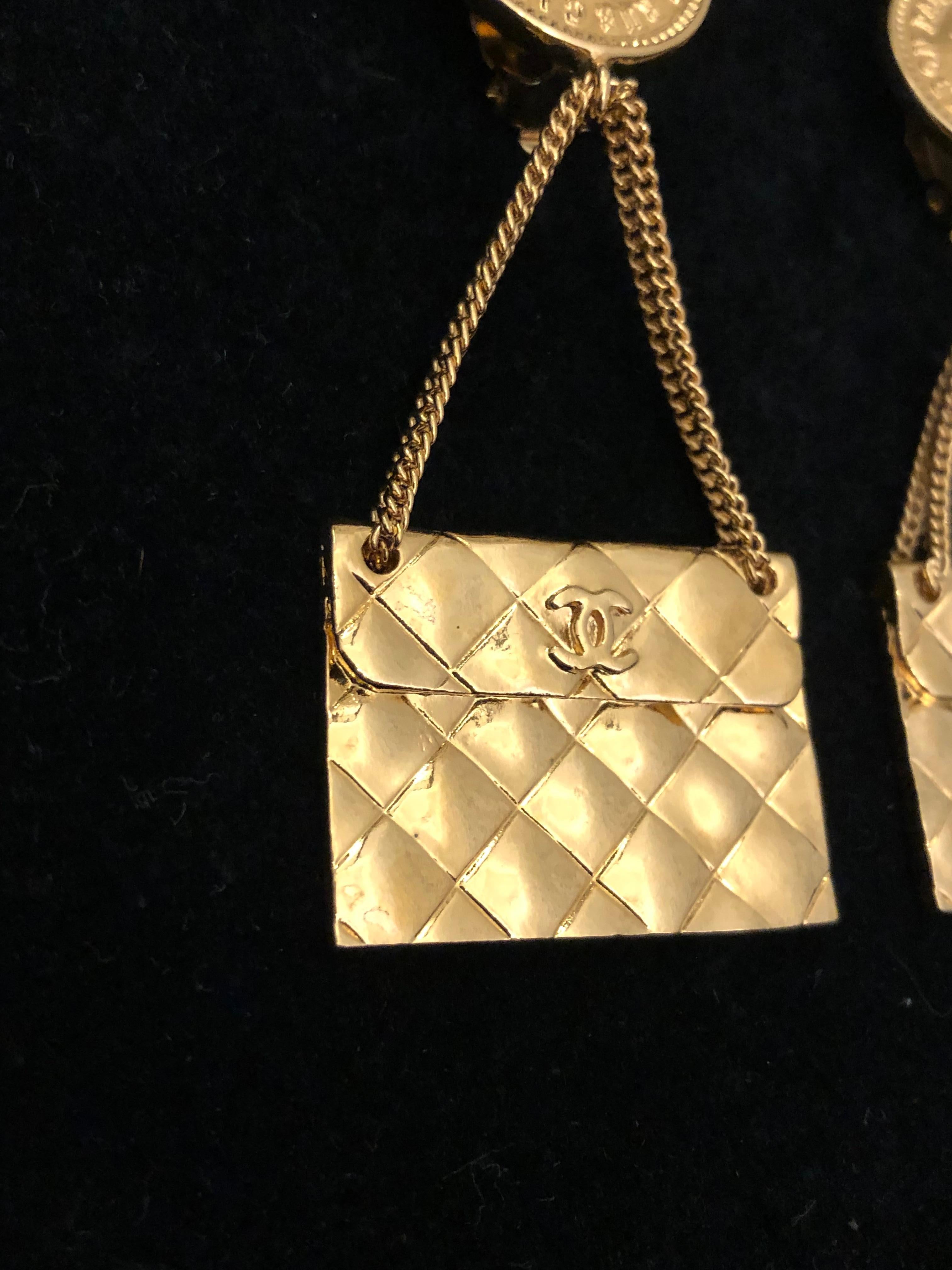 1980s Vintage Chanel Gold Toned Quilted Flap Bag Dangle Clip On Earrings  1