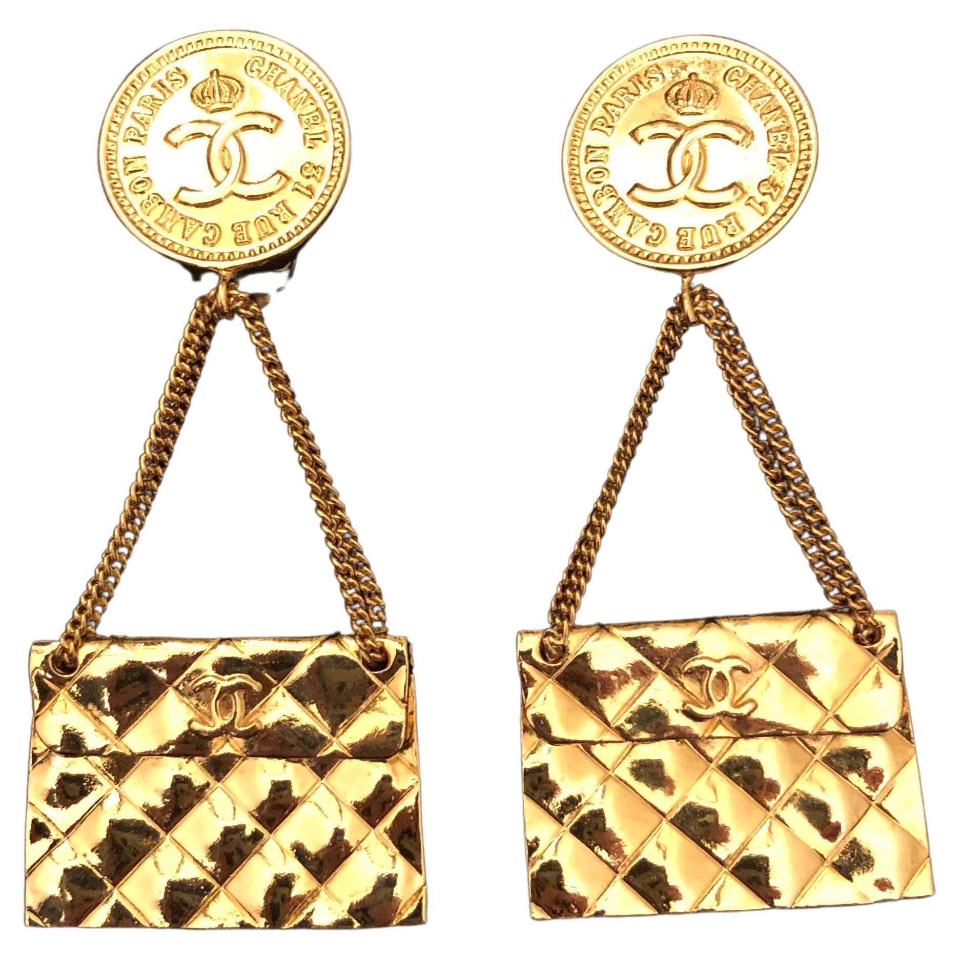 1980s Vintage Chanel Gold Toned Quilted Flap Bag Dangle Clip On Earrings 